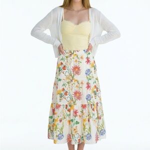 Womens LAURA ASHLEY Midi Skirt Sm Cream MultiColor Floral Linen Blend Cottagecor